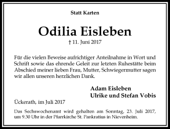Todesanzeige von Odilia Eisleben von Rheinische Post
