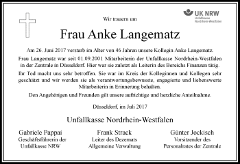 Todesanzeige von Anke Langematz von Rheinische Post
