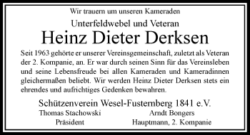 Todesanzeige von Heinz Dieter Derksen von Rheinische Post