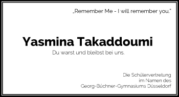Todesanzeige von Yasmina Takaddoumi von Rheinische Post