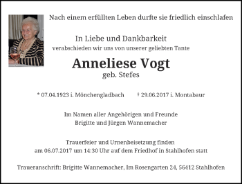 Todesanzeige von Anneliese Vogt von Rheinische Post