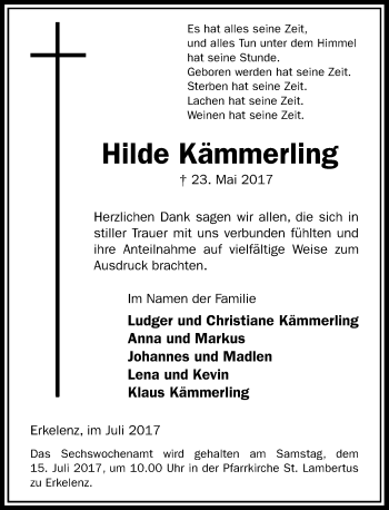 Todesanzeige von Hilde Kämmerling von Rheinische Post