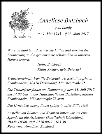 Todesanzeige von Anneliese Butzbach von Rheinische Post