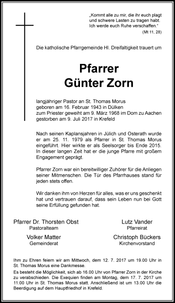 Todesanzeige von Günter Zorn von Rheinische Post
