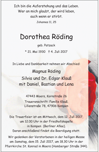 Todesanzeige von Dorothea Röding von Rheinische Post