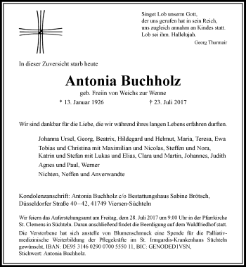 Todesanzeige von Antonia Buchholz von Rheinische Post