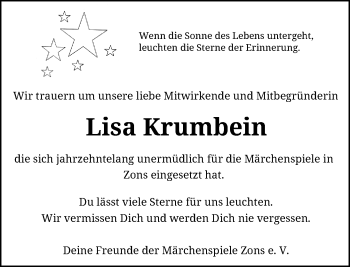 Todesanzeige von Lisa Krumbein von Rheinische Post