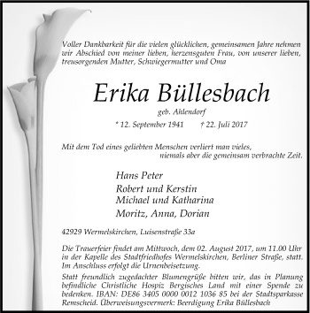 Todesanzeige von Erika Büllesbach von Rheinische Post