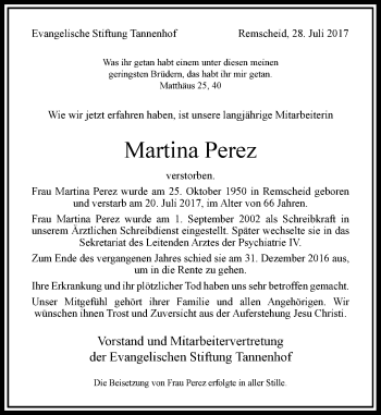 Todesanzeige von Martina Perez von Rheinische Post