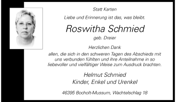 Todesanzeige von Roswitha Schmied von Rheinische Post