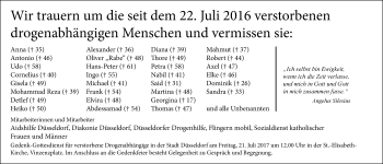 Todesanzeige von Wir trauern verstorbenen drogenabhängigen Menschen von Rheinische Post