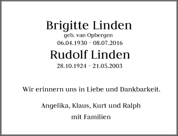 Todesanzeige von Brigitte und Rudolf Linden von Rheinische Post