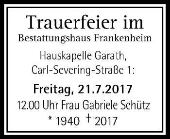 Todesanzeige von Gabriele Schütz von Rheinische Post