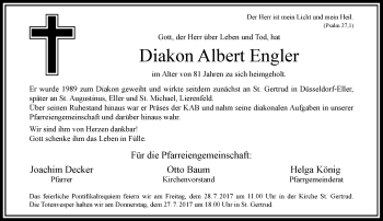 Todesanzeige von Albert Engler von Rheinische Post