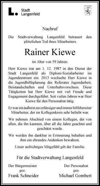 Todesanzeige von Rainer Kiewe von Rheinische Post