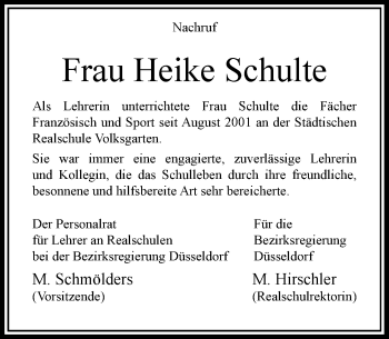 Todesanzeige von Heike Schulte von Rheinische Post