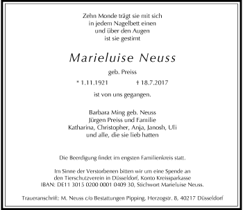 Todesanzeige von Marieluise Neuss von Rheinische Post