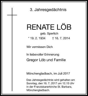 Todesanzeige von Renate Löb von Rheinische Post