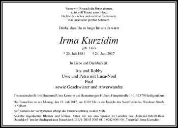 Todesanzeige von Irma Kurzidim von Rheinische Post