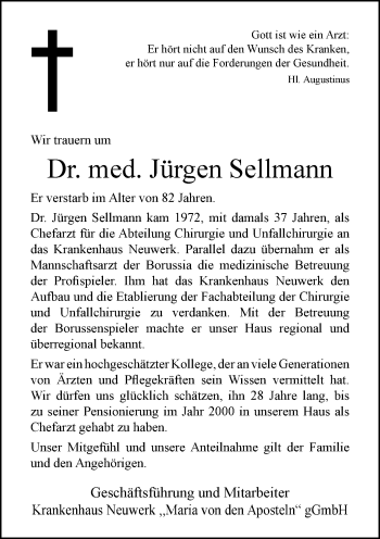 Todesanzeige von Jürgen Sellmann von Rheinische Post