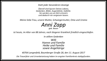 Todesanzeige von Anni Zapp von Rheinische Post