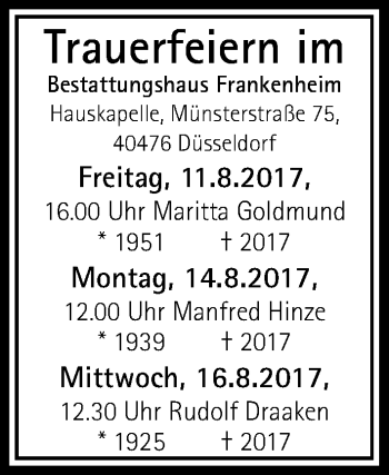 Todesanzeige von Bestattungen vom 10.08.2017 von Rheinische Post