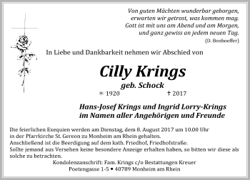 Todesanzeige von Cilly Krings von Rheinische Post