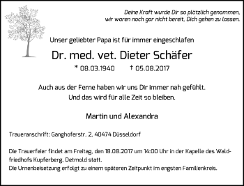 Todesanzeige von Dieter Schäfer von Rheinische Post