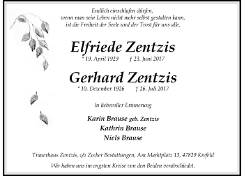 Todesanzeige von Elfriede und Gerhard Zentzis von Rheinische Post