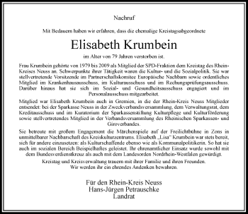 Todesanzeige von Elisabeth Krumbein von Rheinische Post