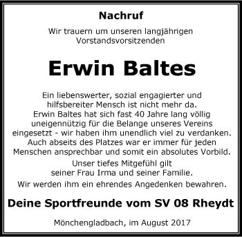 Todesanzeige von Erwin Baltes von Rheinische Post