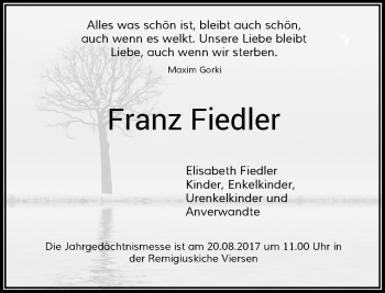 Todesanzeige von Franz Fiedler von Rheinische Post
