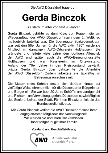Todesanzeige von Gerda Binczok von Rheinische Post