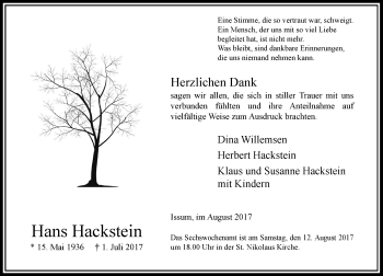 Todesanzeige von Hans Hackstein von Rheinische Post