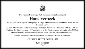 Todesanzeige von Hans Verbeek von Rheinische Post
