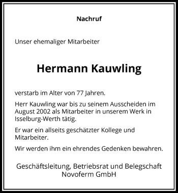 Todesanzeige von Hermann Kauwling von Rheinische Post