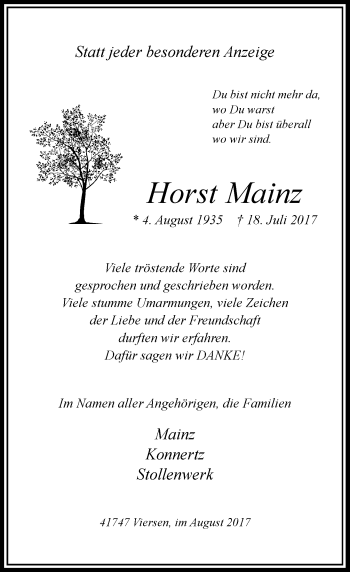 Todesanzeige von Horst Mainz von Rheinische Post