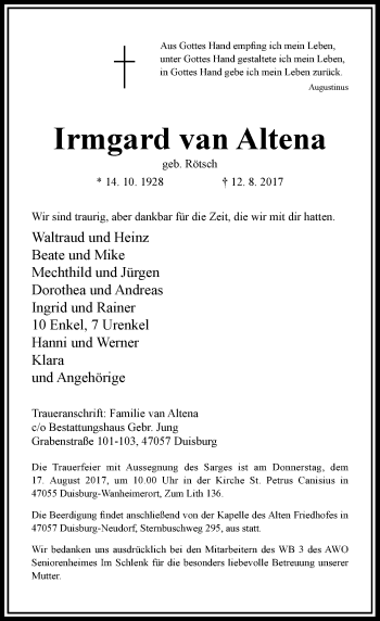 Todesanzeige von Irmgard van Altena von Rheinische Post