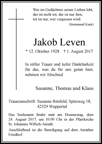 Todesanzeige von Jakob Leven von Rheinische Post