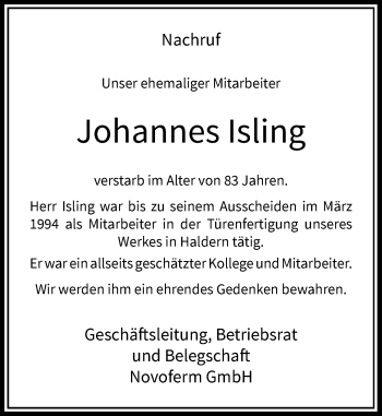 Todesanzeige von Johannes Isling von Rheinische Post