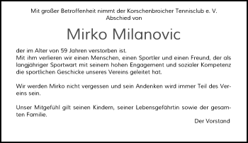 Todesanzeige von Mirko Milanovic von Rheinische Post