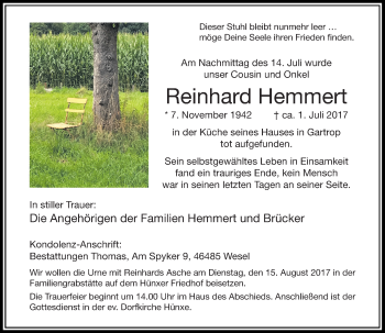 Todesanzeige von Reinhard Hemmert von Rheinische Post