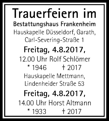 Todesanzeige von Totentafel vom 03.08.2017 von Rheinische Post