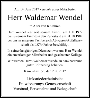 Todesanzeige von Waldemar Wendel von Rheinische Post