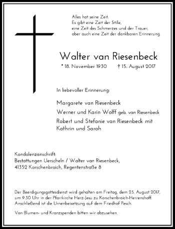 Todesanzeige von Walter van Riesenbeck von Rheinische Post