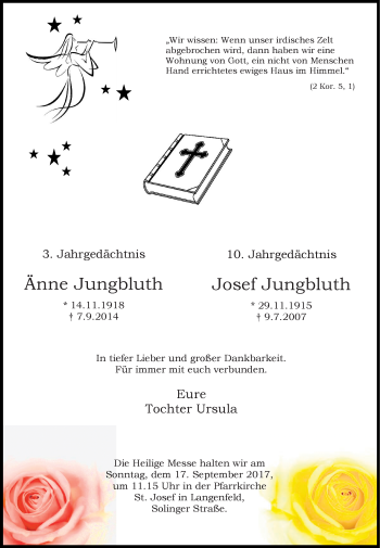 Todesanzeige von Anne und Josef Jungbluth von Rheinische Post