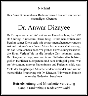 Todesanzeige von Anwar Dizayee von Rheinische Post