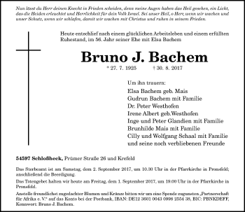 Todesanzeige von Bruno J. Bachem von Rheinische Post