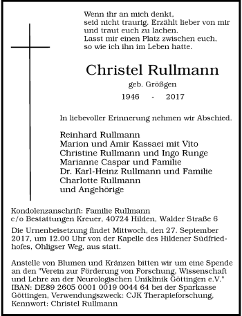 Todesanzeige von Christel Rullmann von Rheinische Post