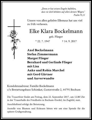 Todesanzeige von Elke Klara Bockelmann von Rheinische Post
